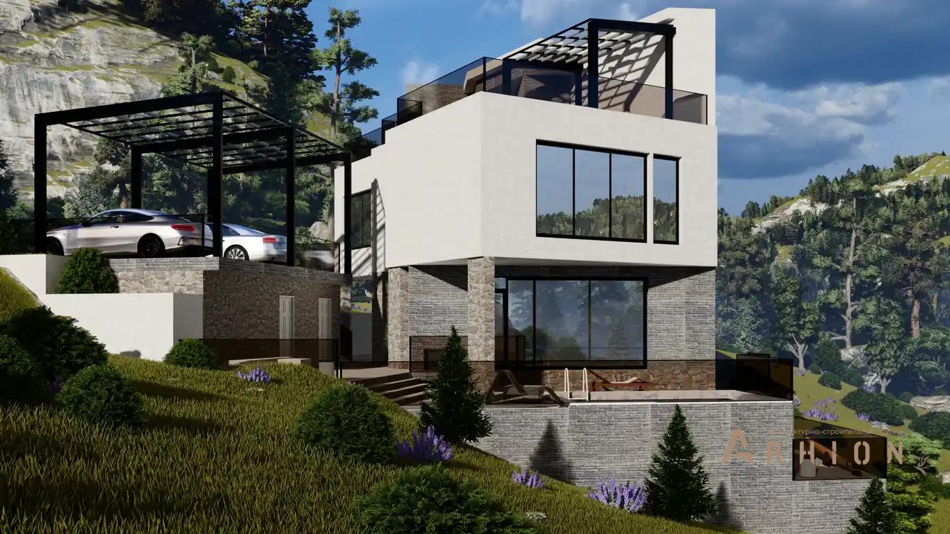 3. Проект трехэтажного дома в стиле хай-тек с плоской кровлей , h-1626, площадью - 426 кв c терассой, балконом, гаражом, вторым светом